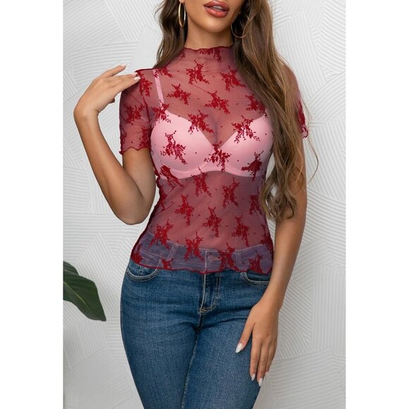 🆕Women's Red Polyamide Mesh Sheer Long Sleeve Mock Neck Lace Floral Blouse - Picture 3 of 6